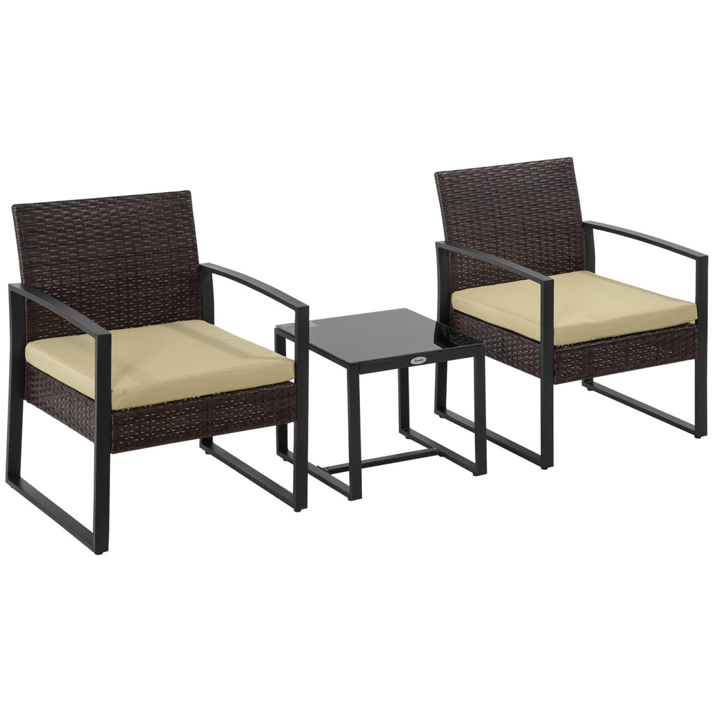 DodiOnline 3 pcs PE Rattan Wicker Outdoor Furniture Patio Bistro Set Weave Conservatory Sofa Coffee Table and Chairs Set Beige
