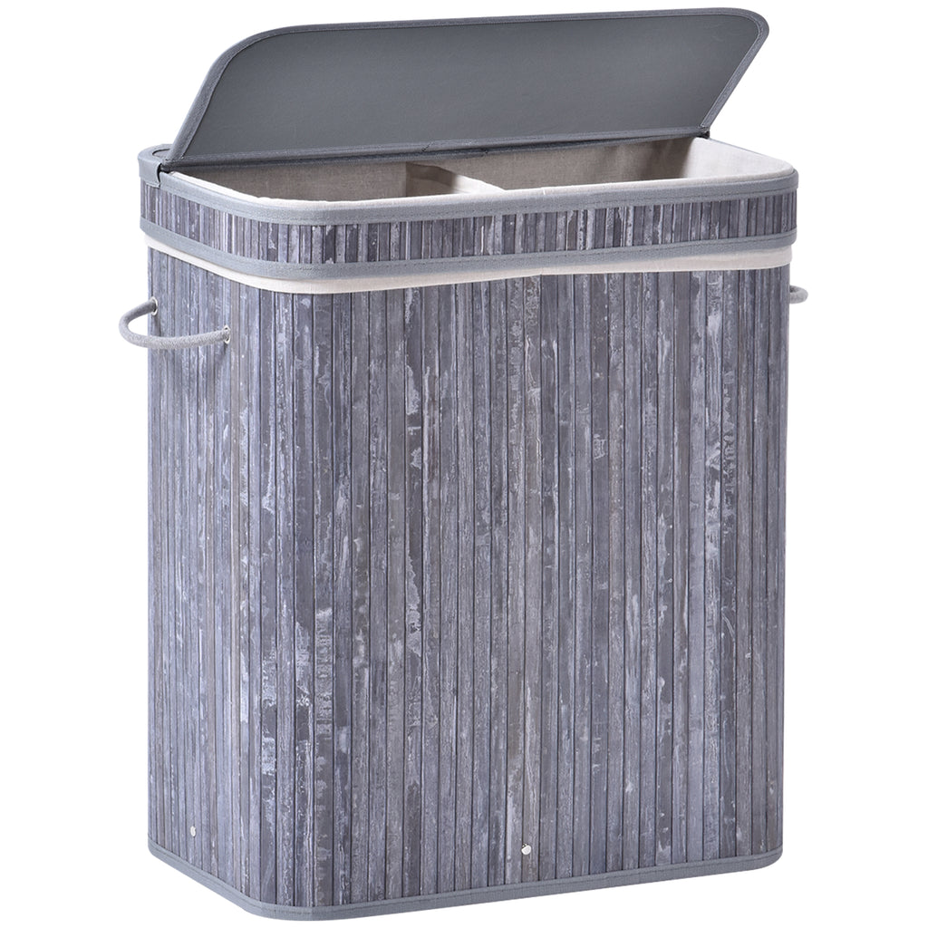 DodiOnline 100L Wooden Laundry Basket w/ Split Compartment Lid Removable Lining Handles Air Holes Ventilation Foldable Durable Water-Resistant Dirty Clothes Storage Home Organisation Grey