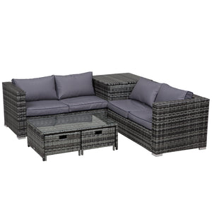DodiOnline 4 Pcs Rattan Wicker Outdoor Furniture Patio Sofa Storage & Table Set w/ 2 Drawers Coffee Table,Great Cushioned 4 Seats Corner Sofa - Grey