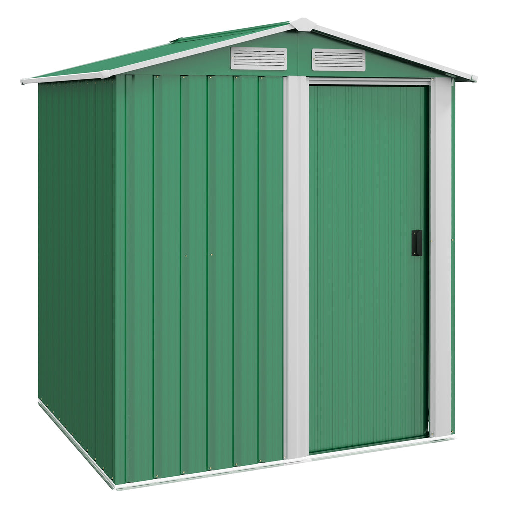 DodiOnline Garden Metal Tool Storage Shed with Sliding Door, Sloped Roof and Floor Foundation, 152 x 132 x 188cm, Green