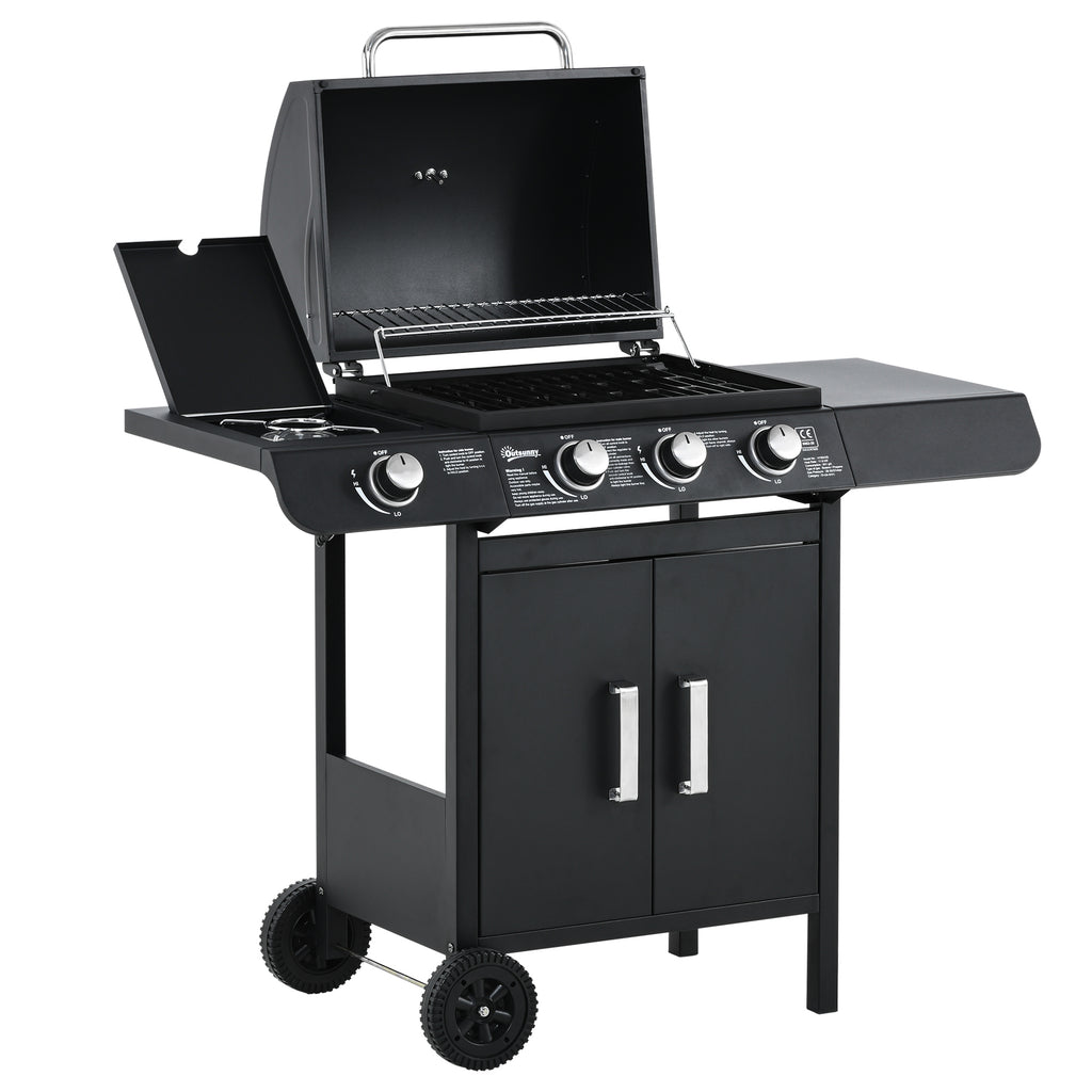 DodiOnline Gas Burner Barbecue Grill 3+1 Burner Garden BBQ Trolley w/ Side Burner Warming Rack Side Shelves Storage Cabinet Piezo Ignition Thermometer 110x50x100cm