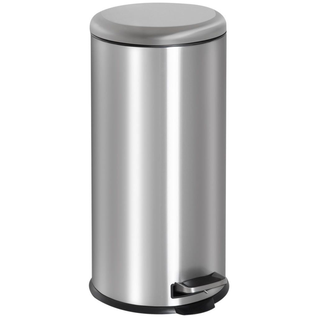 DodiOnline Foot Pedal Bin Stainless Steel Metal Waste Rubbish Lid Kitchen Garbage 30L Silver