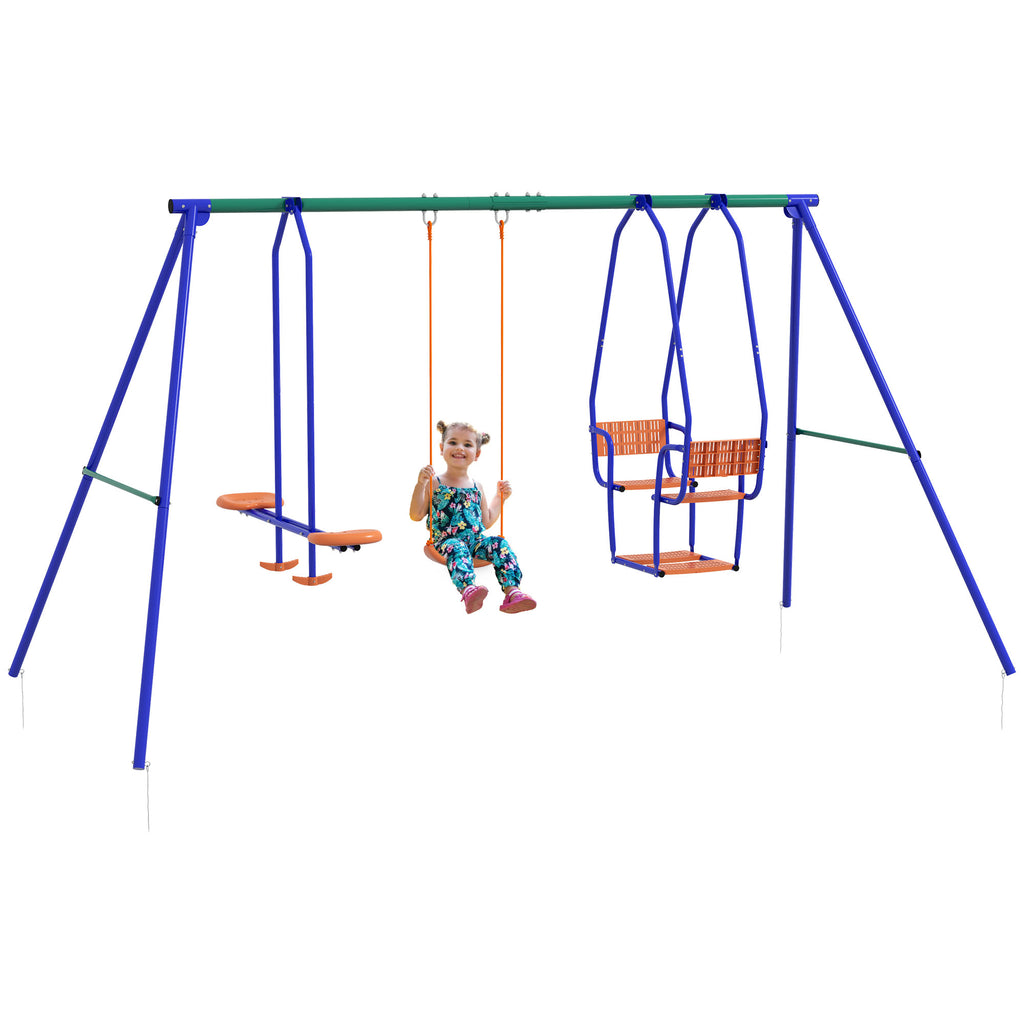 DodiOnline Three-In-One Kids Metal Swing Set with Swing, Glider, Rocking Chair Swing, for Ages 3+ years - Orange and Blue