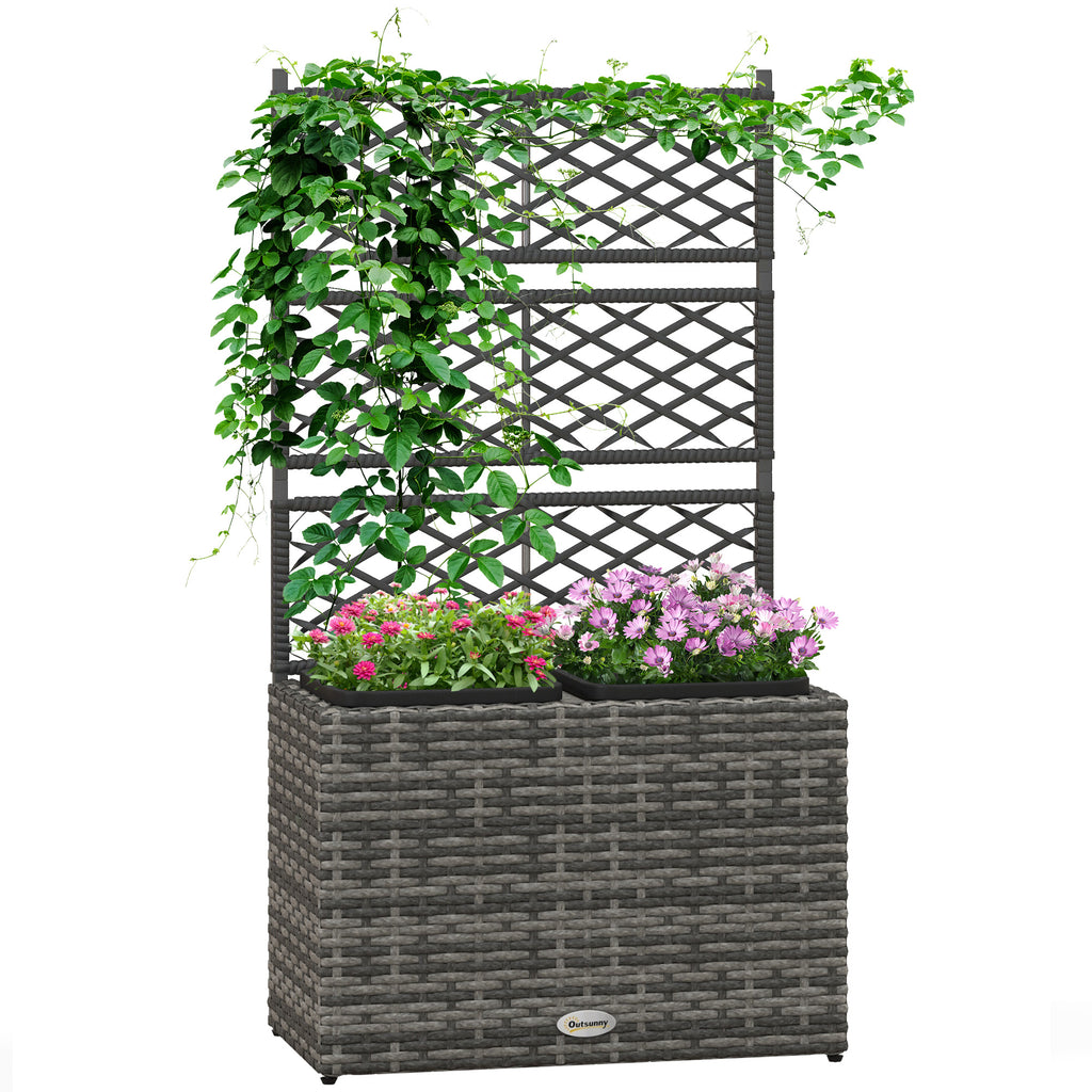 DodiOnline 22L Garden PE Rattan Planter with Trellis, Free Standing Flower Raised Bed with Two Plant Boxes for Garden, Garden Planter for Climbing Plants, 57cm x 30cm x 107cm, Mixed Grey