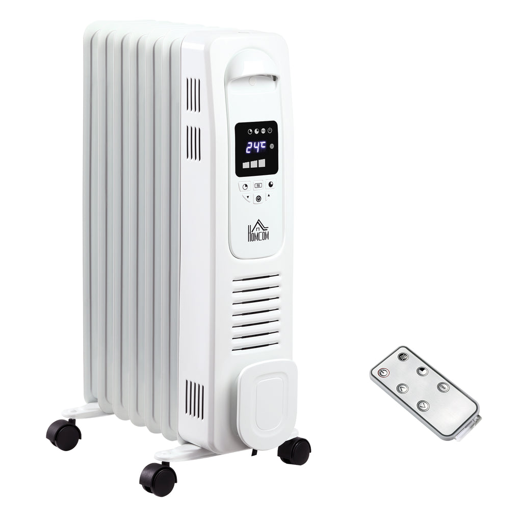 DodiOnline 1500W Digital Oil Filled Radiator, 7 Fin, Portable Electric Heater with LED Display, Built-in Timer, 3 Heat Settings, Safety Cut-Off and Remote Control, White