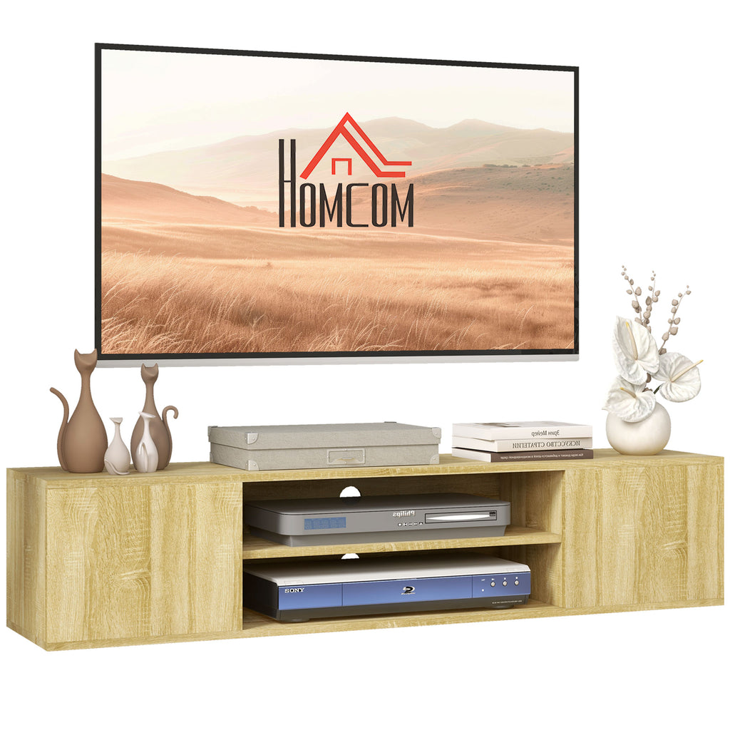 DodiOnline Floating TV Stand Cabinet for TVs up to 60", Wall Mounted TV Unit with Open Shelf, Storage Cupboards and Cable Management for Living Room, Natural Wood Effect
