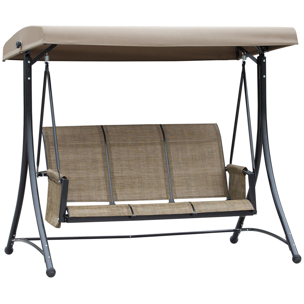 DodiOnline 3 Seater Garden Swing Seat Outdoor Swing Chair with High Back Design, Steel Frame, Side Pouches, Adjustable Canopy, Brown