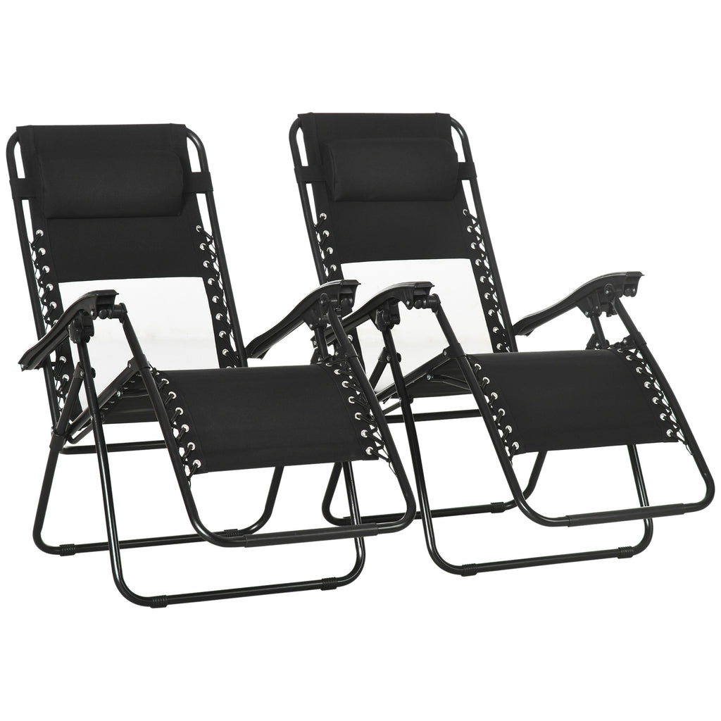 DodiOnline Garden Recliner Chairs Set of 2, Outdoor Foldable Zero Gravity Chairs Set w/ Footstool and Detachable Headrest, Black
