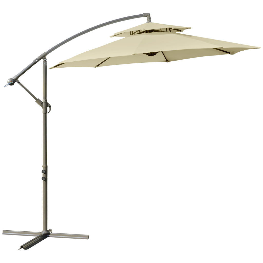 DodiOnline 2.7m Garden Banana Parasol Cantilever Umbrella with Crank Handle, Double Tier Canopy and Cross Base for Outdoor, Hanging Sun Shade, Beige
