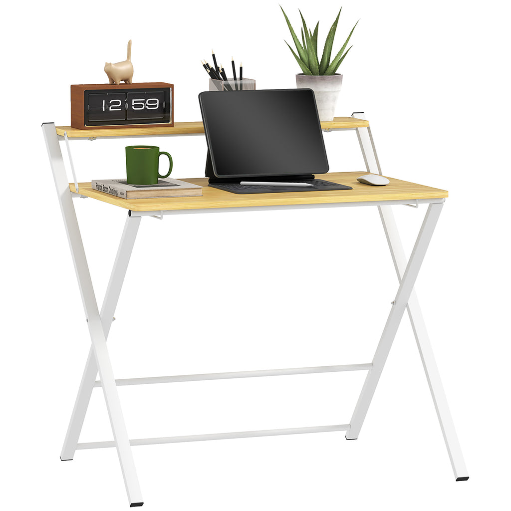DodiOnline Compact Folding Desk for Small Spaces, Foldable Computer Desk with Storage Shelf for Home Office, 2-Tier Study Writing Table, 86 x 66 x 82 cm, Maple Wood-effect