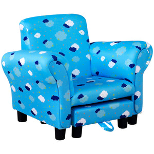 DodiOnline Toddler Chair Children's Armchairs Wood Frame w/ Footrest Anti-Slip Legs High Back Arms for Bedroom Playroom Cute Cloud Star Blue