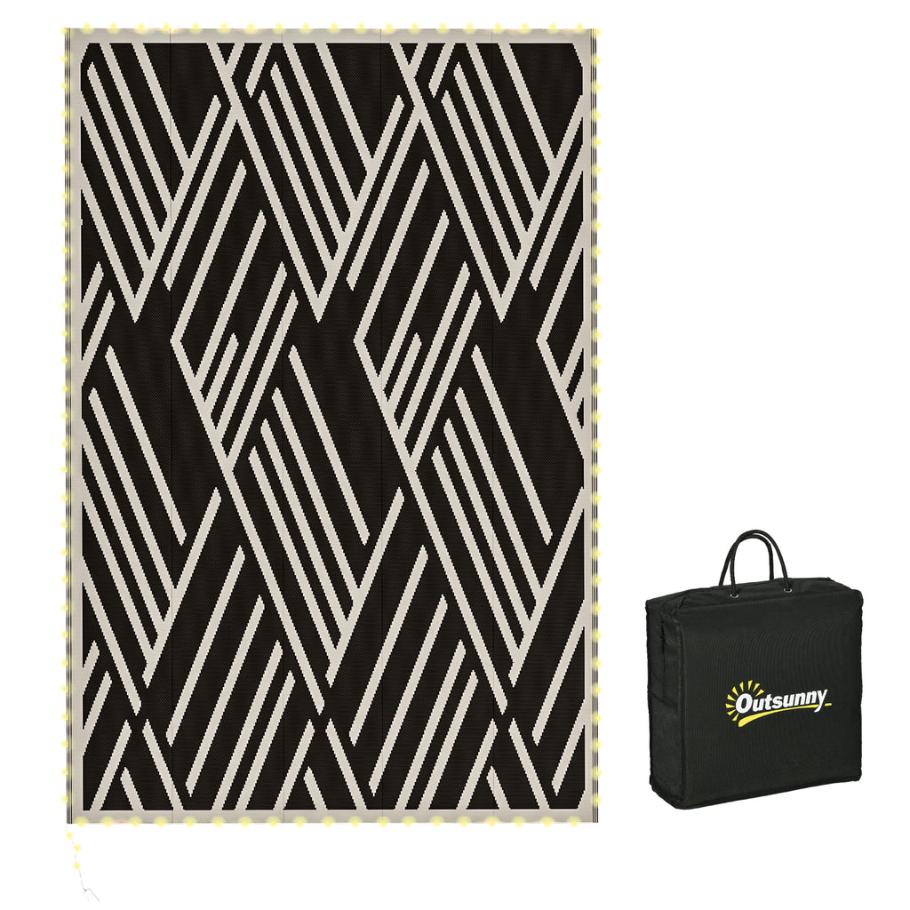 DodiOnline Plastic Straw Reversible RV Outdoor Rug with LED String Light, 182 x 274cm, Black and Coffee