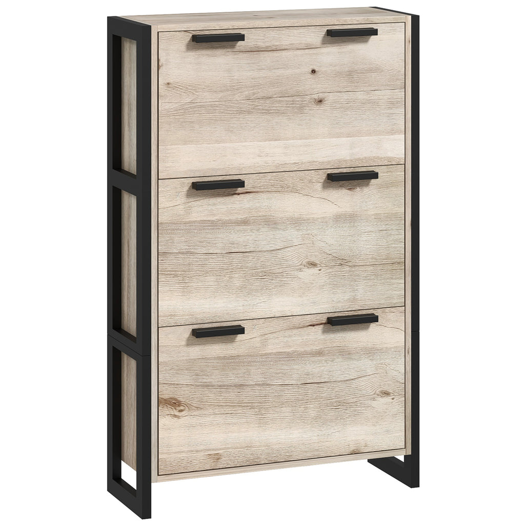 DodiOnline Shoe Storage Cabinet with 3 Flip Drawers Adjustable Shelf 18 Pairs Narrow Shoe Cupboard for Entryway Natural Wood-effect