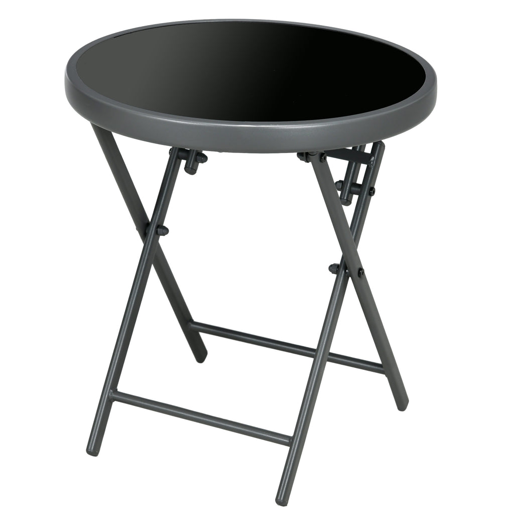 DodiOnline ?45cm Garden Side Table, Outdoor Round Folding Patio Table with Imitation Marble Glass Top, Small Coffee Table, Black