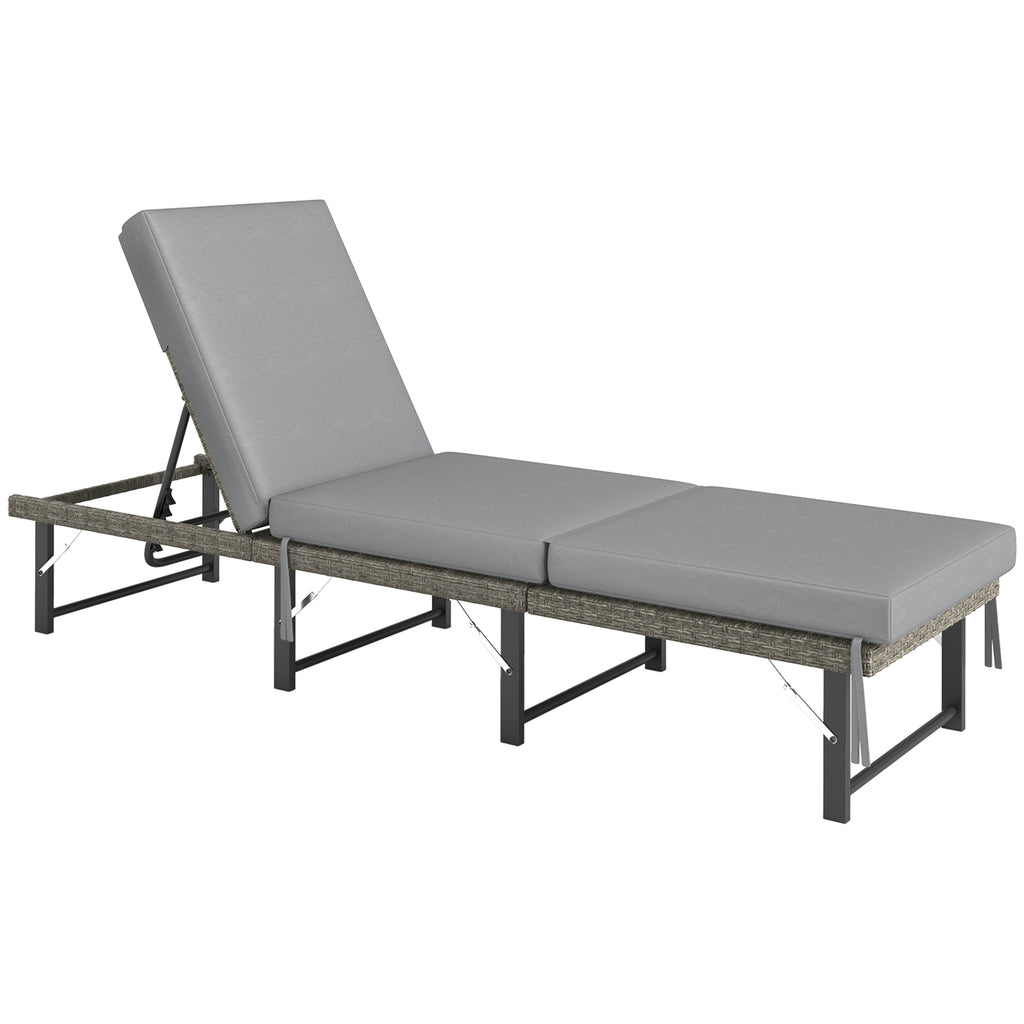 DodiOnline Single Folding Rattan Sun Lounger, with Cushion - Grey