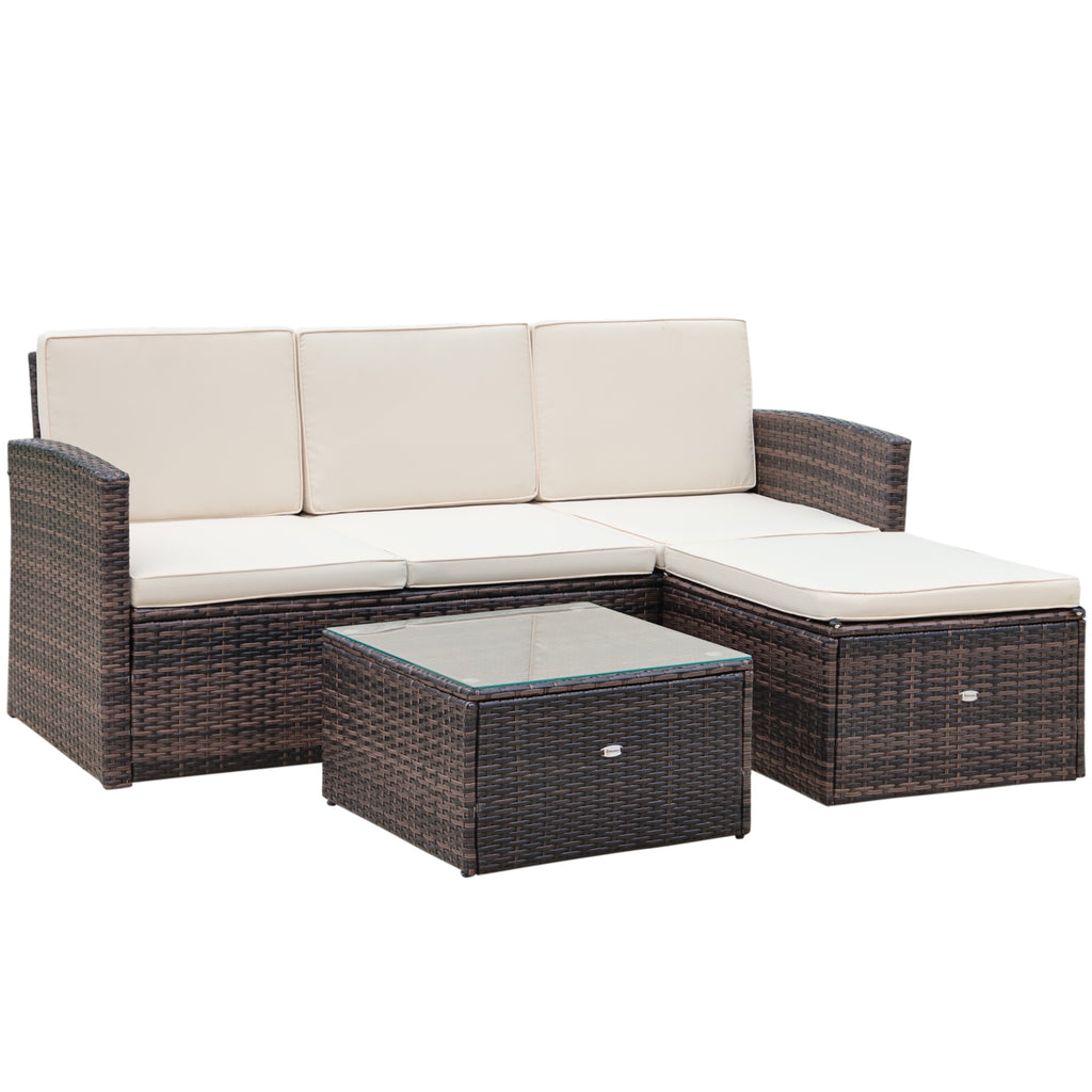 DodiOnline 3 Pieces Outdoor PE Rattan Corner Sofa Set with Thick Cushions, Patio Rattan Outdoor Furniture with Glass Top Coffee Table and Footstool, Brown