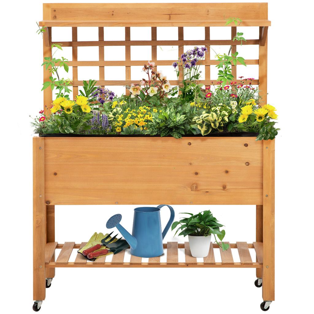 DodiOnline Wooden Planter Raised Elevated Garden Bed with 2 Shelves for Vegetables Flowers