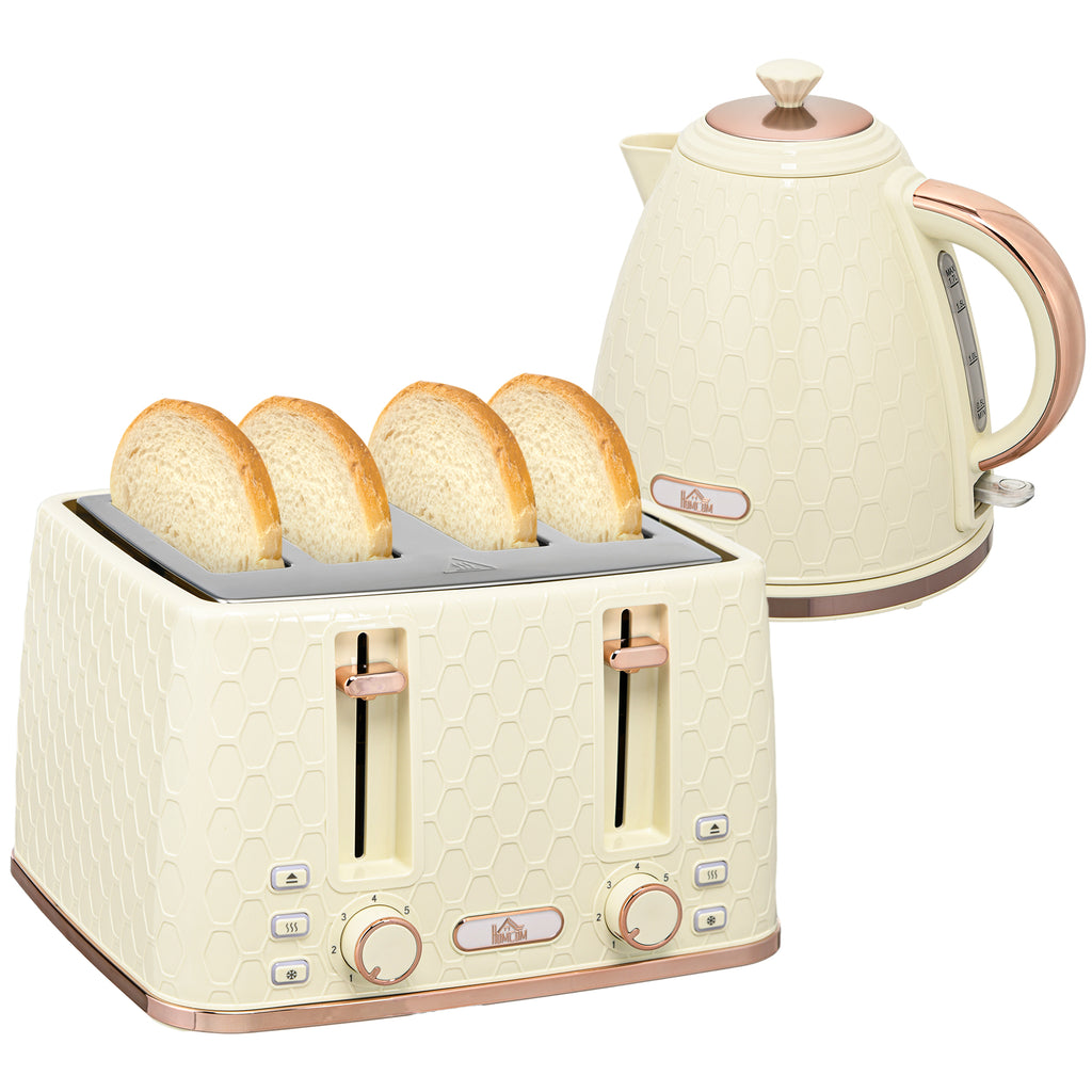 DodiOnline Kettle and Toaster Set, 1.7L 3000W Fast Boil Jug Kettle with Auto Shut Off, 4 Slice Toaster with 7 Level Browning Controls & Crumb Tray, Beige