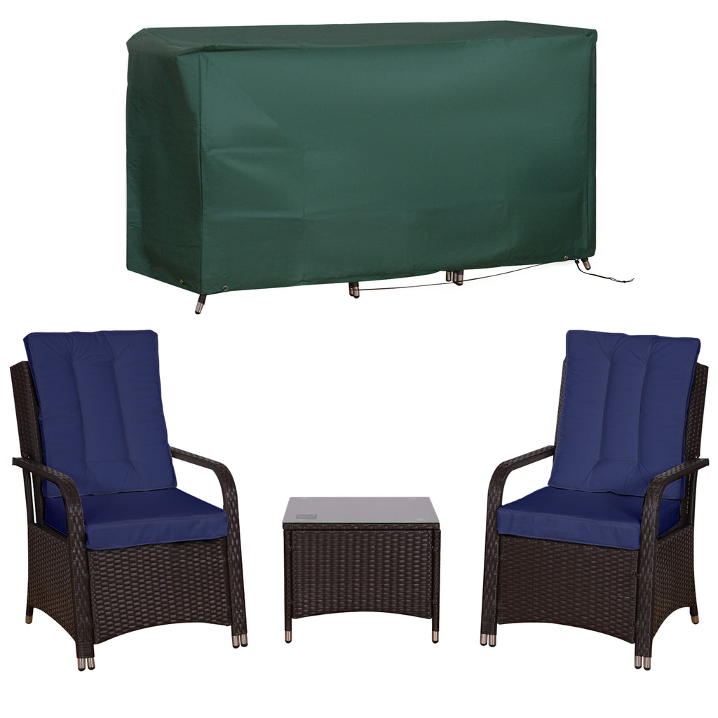 DodiOnline 3 Pieces Rattan Bistro Set with Furniture Cover, Wicker Garden Furniture Set, Glass Top Coffee Table and Chairs with Cushions for Outdoor, Patio, Balcony, Dark Blue