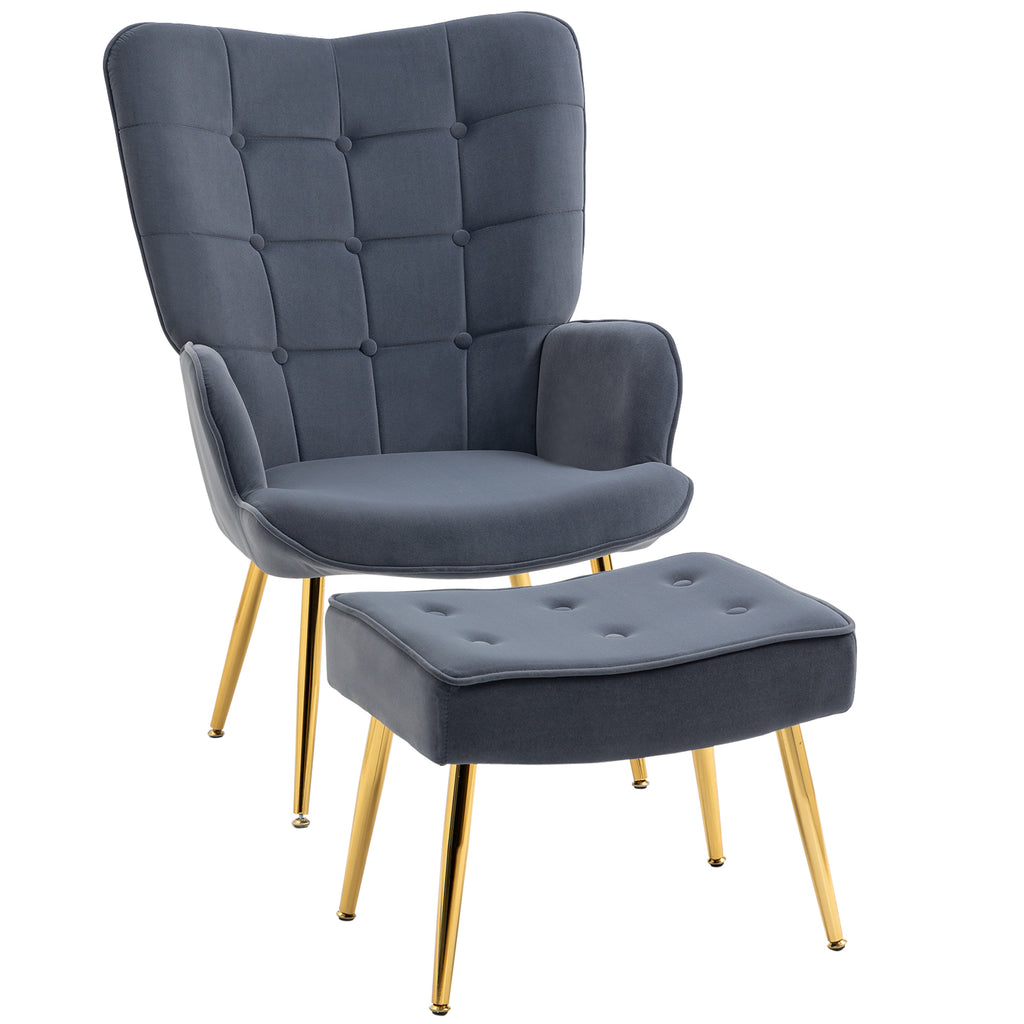 DodiOnline Modern Armchair with Footstool, Upholstered Accent Chair with Ottoman, Steel Legs, Velvet Wingback Chair for Living Room, Bedroom, Home Study, Dark Grey