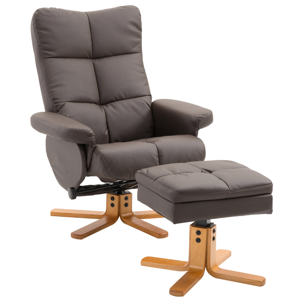 DodiOnline Recliner Armchair, Swivel Reclining Chair With Ottoman, Swivel Faux Leather Chair with Wooden Base and Storage Footstool for Living Room, Brown