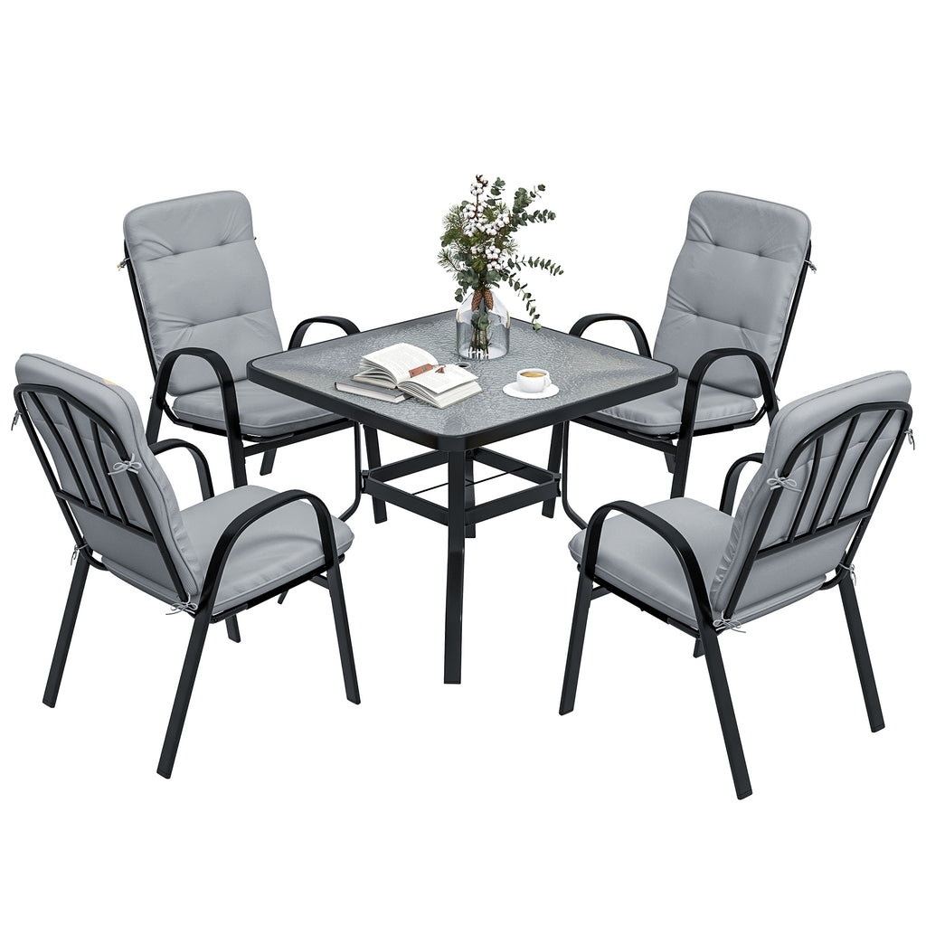 DodiOnline 5 Pieces Outdoor Square Garden Dining Set w/ Tempered Glass Dining Table 4 Cushioned Armchairs, Umbrella Hole, Grey