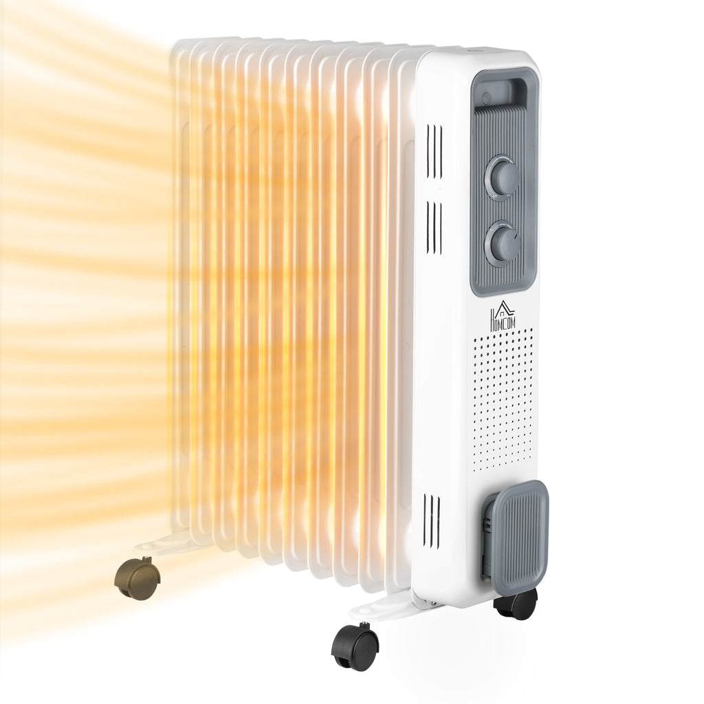 DodiOnline 2500W Oil Filled Radiator, 11 Fin, Portable Electric Heater with 3 Heat Settings, Safety Cut-Off and Wheels, White