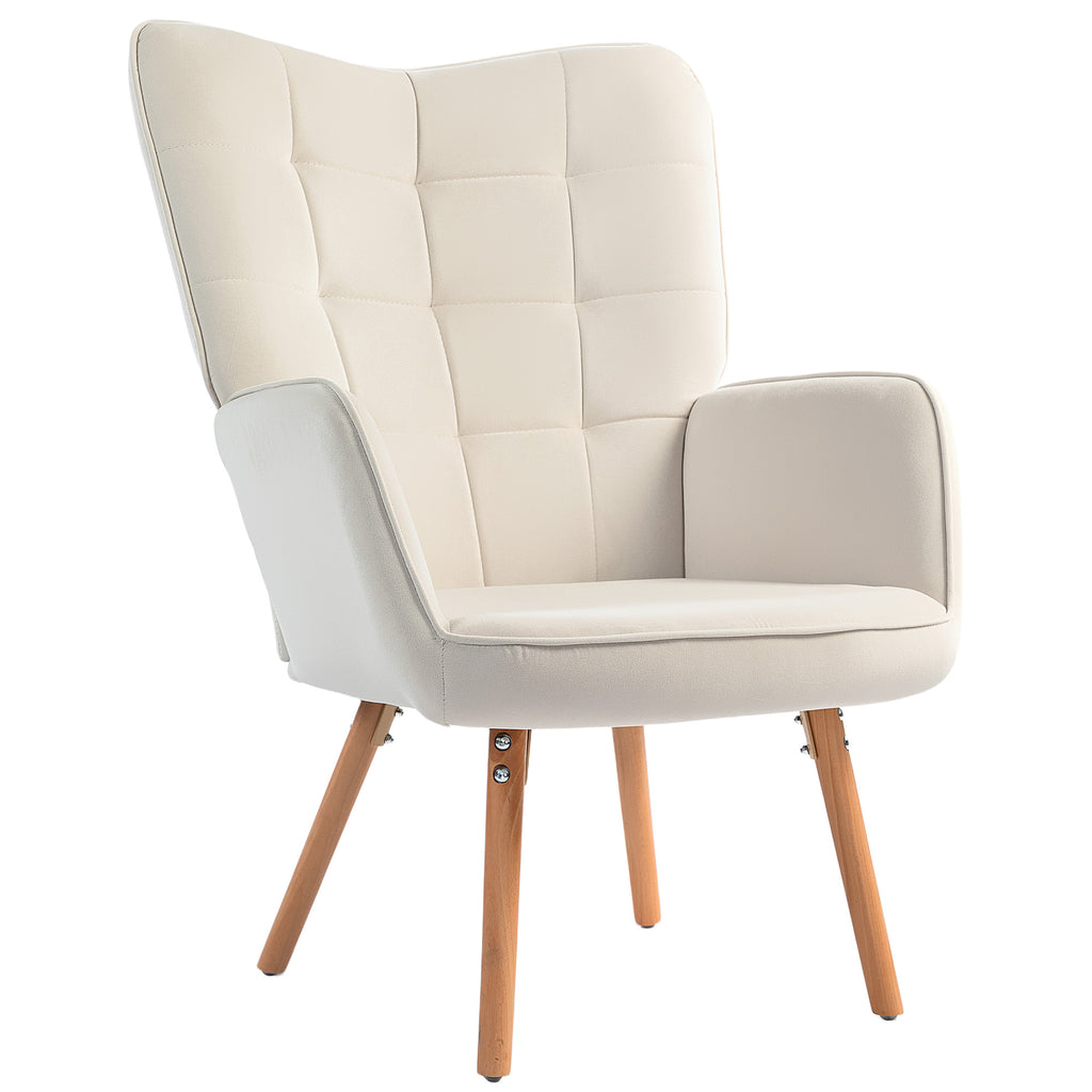DodiOnline Modern Accent Chair, Upholstered Tufted Wingback Armchair with Seat Padding, Leisure Lounge Bedroom Chair with Wood Legs, Cream White