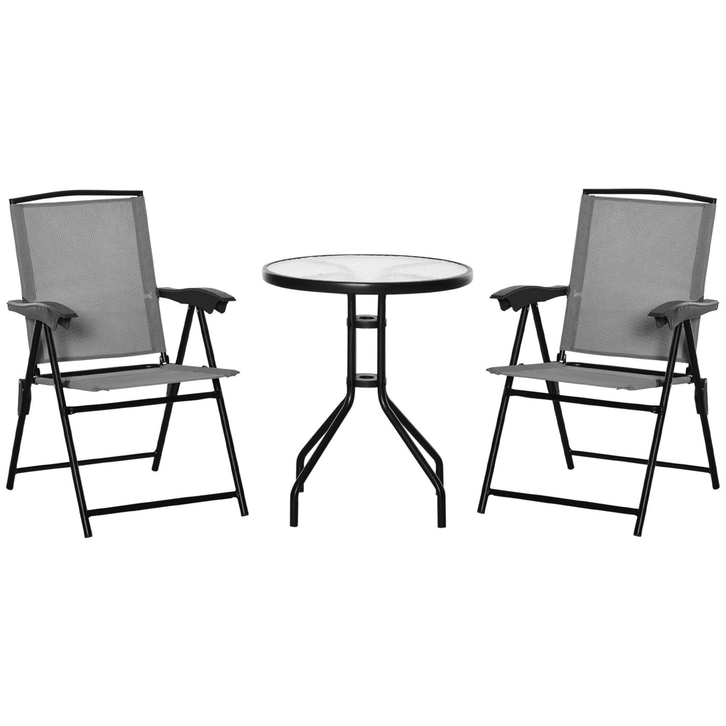 DodiOnline 3 Piece Outdoor Bistro Set, Patio Conversation Furniture Set with 2 Folding Backrest Adjustable Armchairs and Glass Top Coffee Table, Grey