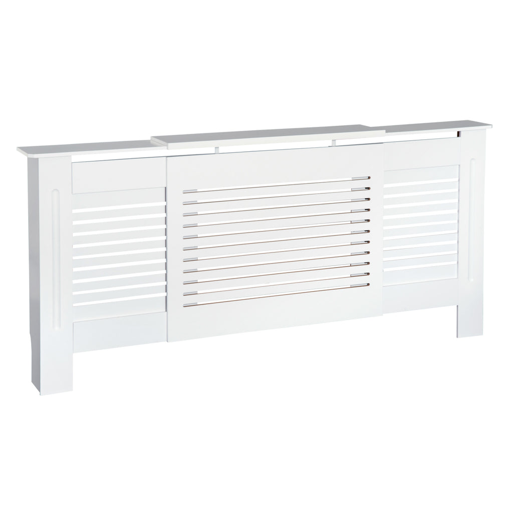 DodiOnline MDF Extendable Radiator Cover Cabinet Shelving Home Office Slatted Design White 139-208.5L x 20.5W x 82.5H cm