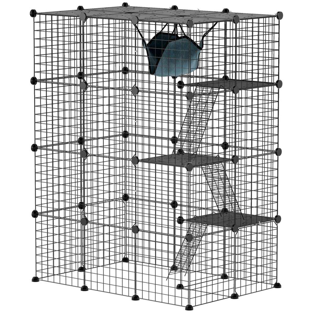 PawHut 4-Tier DIY Large Cat Cage with Hammock, Ramps, 5 Doors, Indoor Use for 1-3 Cats, Black