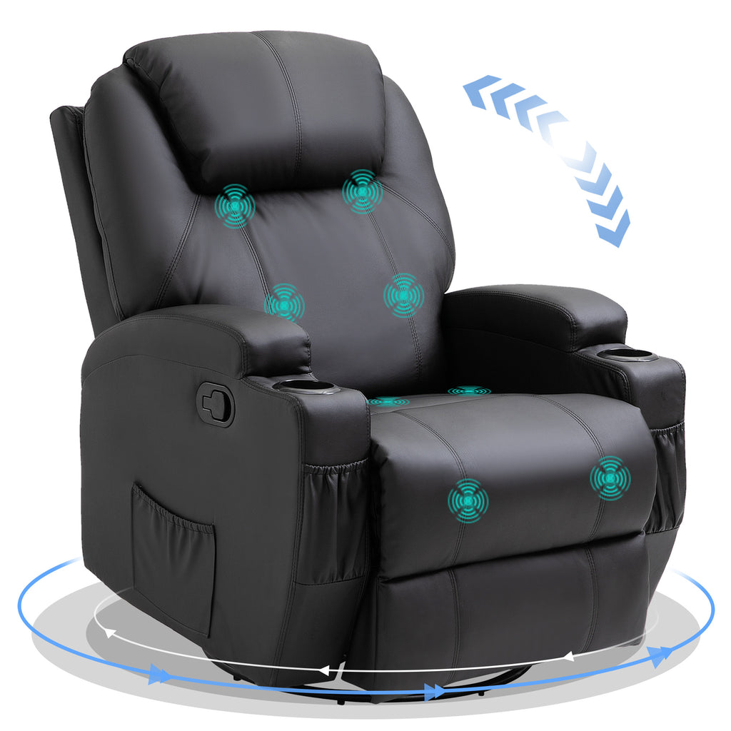 DodiOnline Recliner Armchair, Rocking Massage Swivel PU Leather Manual Reclining Chair with Adjustable Leg Rest, Drink Holders, Side Pocket, for Home Living Room Theater, Black