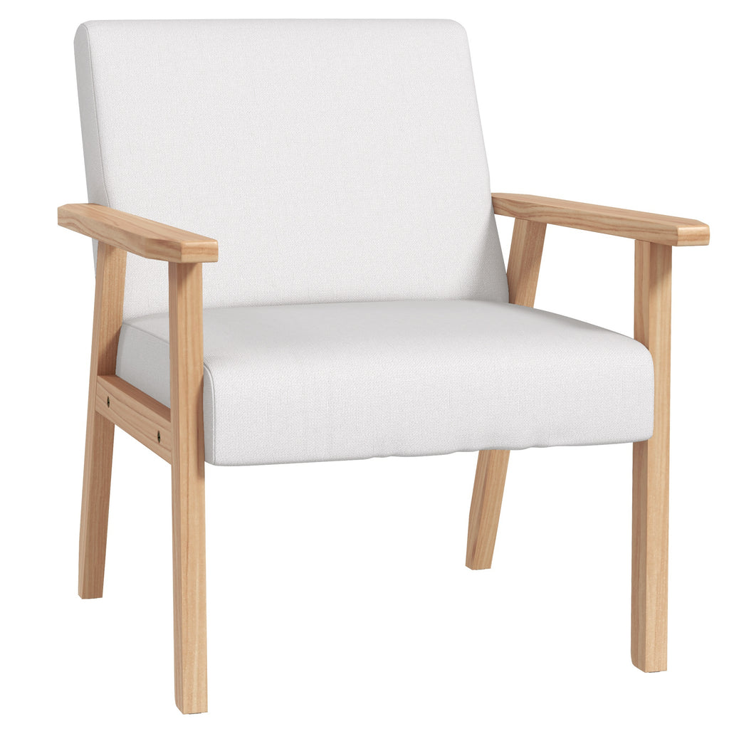 DodiOnline Accent Chair Wood Frame with Thick Linen Cushions Wide Seat Armchair Home Furniture Bedroom Office Cream White