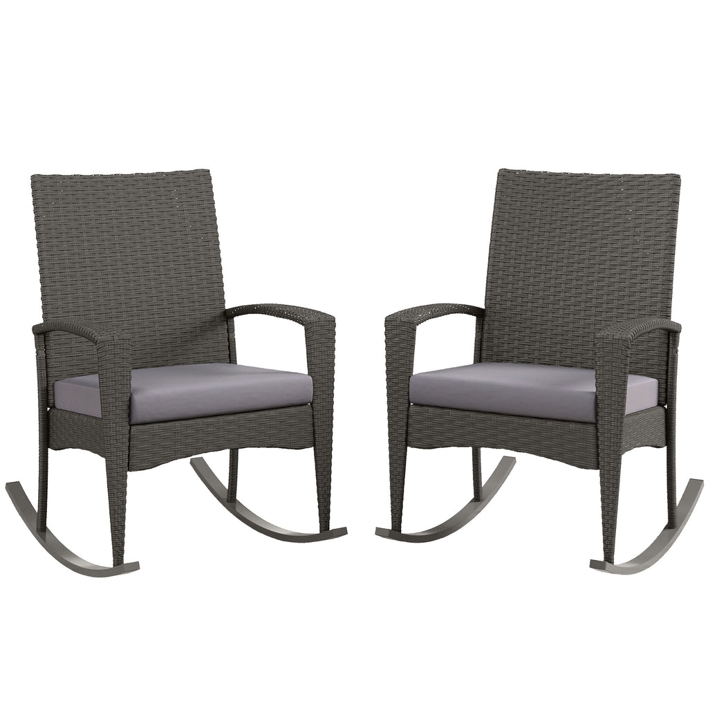 DodiOnline Outdoor PE Rattan Rocking Chair Set of 2, Garden Rocking Chair Set with Armrest and Cushion, Grey