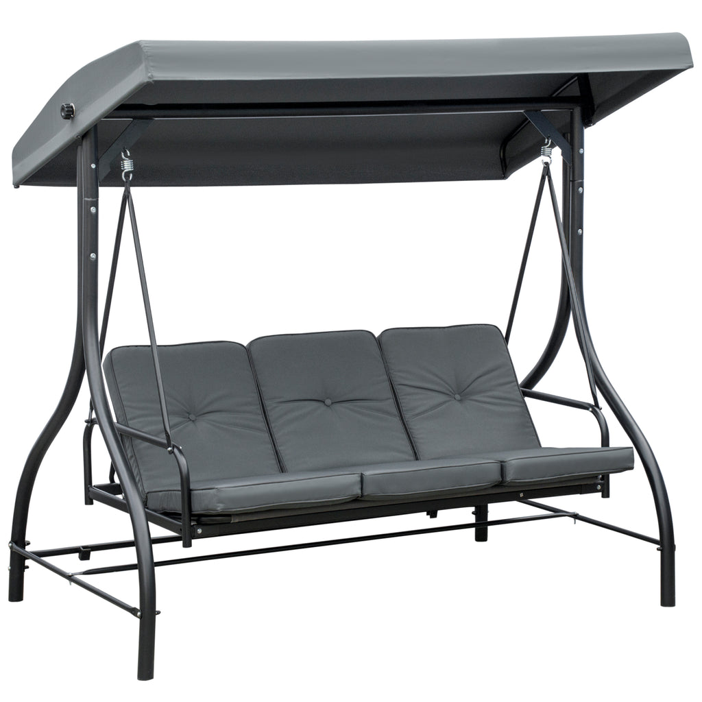 DodiOnline 3 Seater Canopy Swing Chair, 2 in 1 Garden Swing Seat Bed, with Adjustable Canopy and Metal Frame, Dark Grey