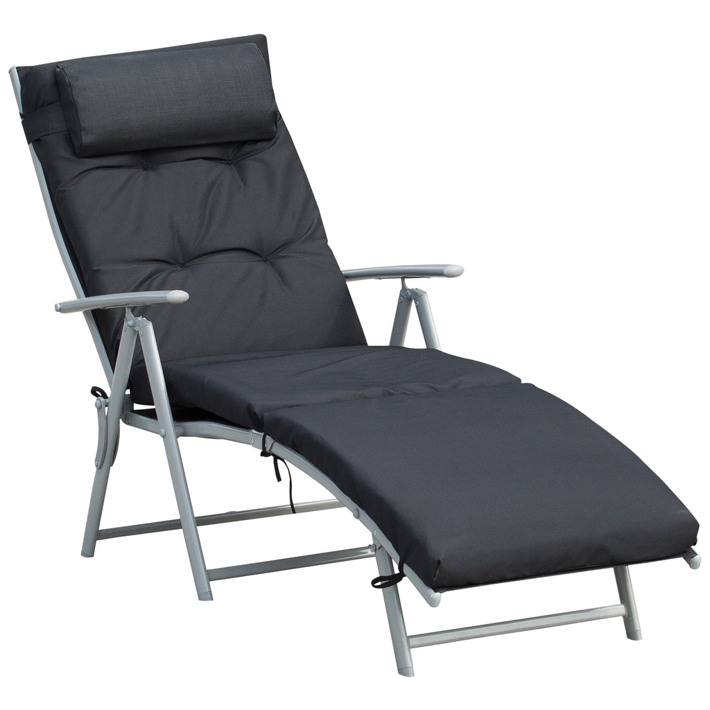 DodiOnline Steel Frame Outdoor Garden Padded Sun Lounger w/ Pillow Black