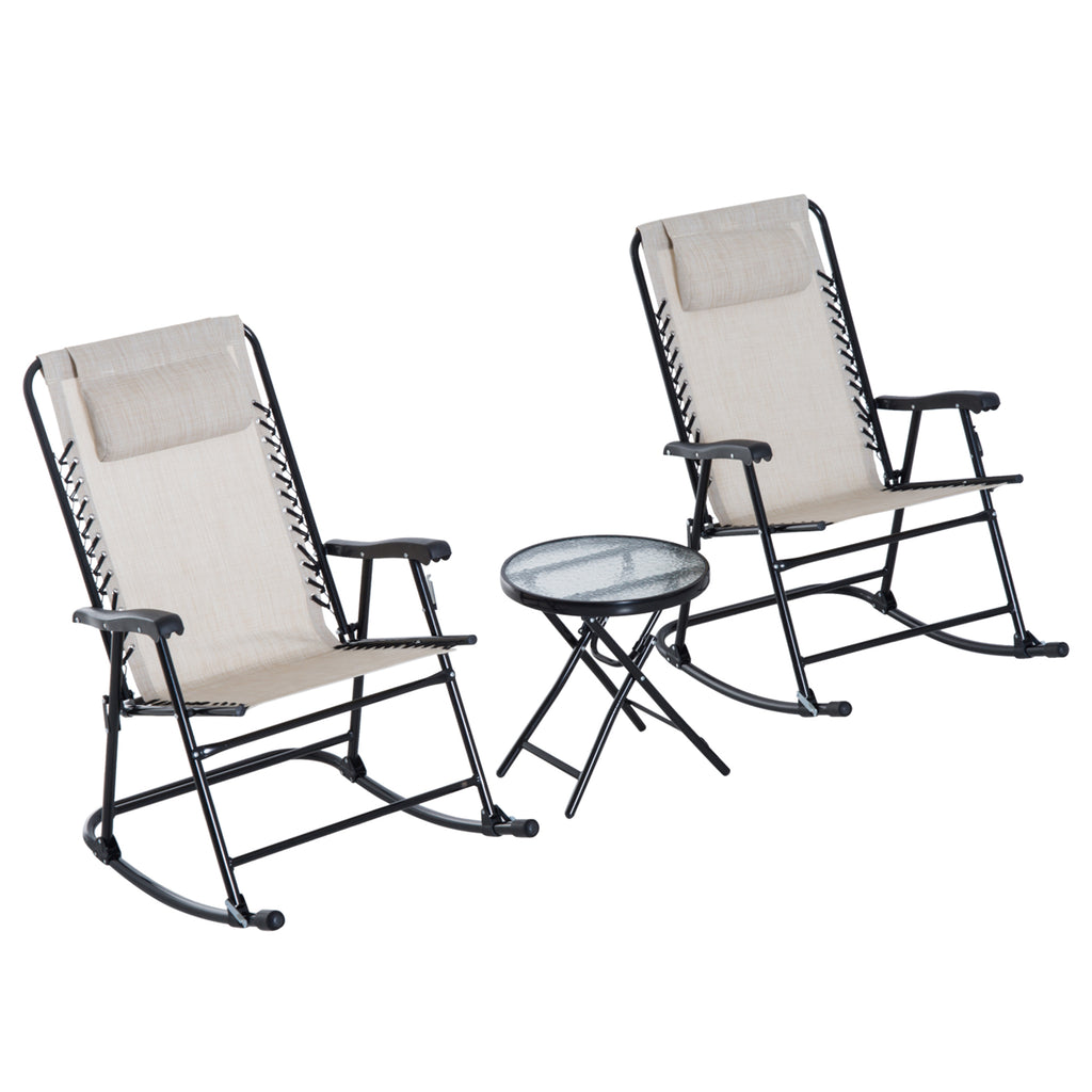 DodiOnline 3 Piece Outdoor Rocking Set with 2 Folding Chairs and 1 Tempered Glass Table, Patio Bistro Set for Garden, Deck, Beige