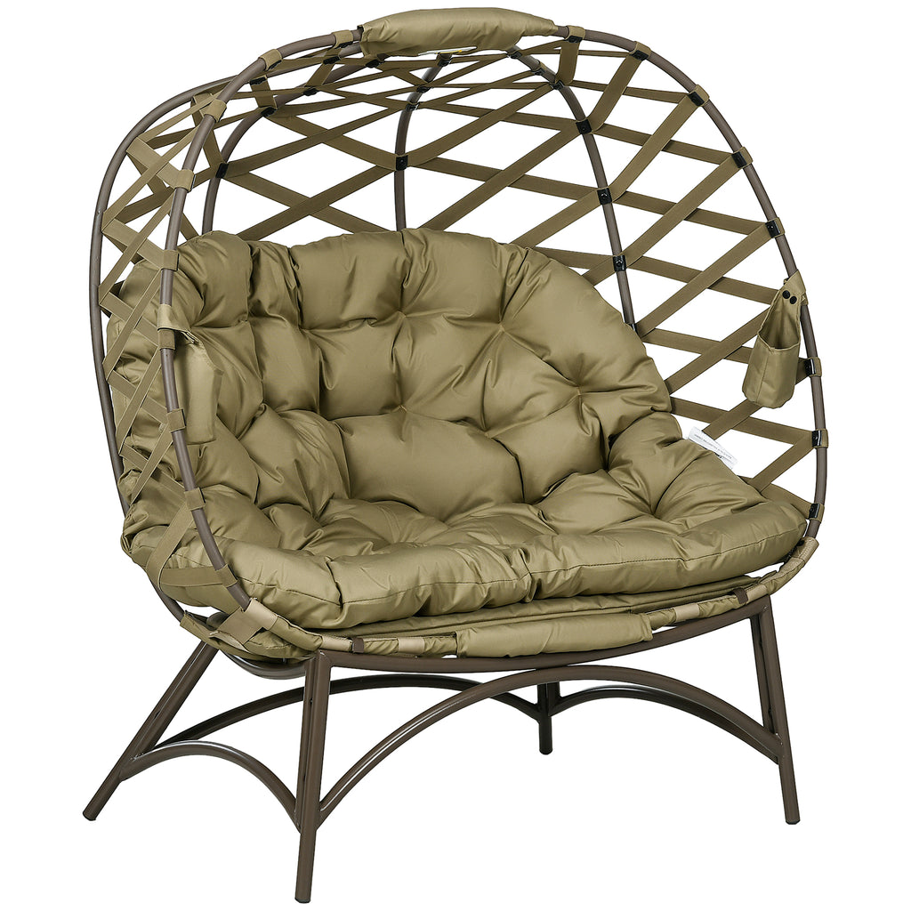 DodiOnline 2 Seater Egg Chair Outdoor, Folding Weave Garden Furniture Chair with Cushion, Cup Pockets - Khaki