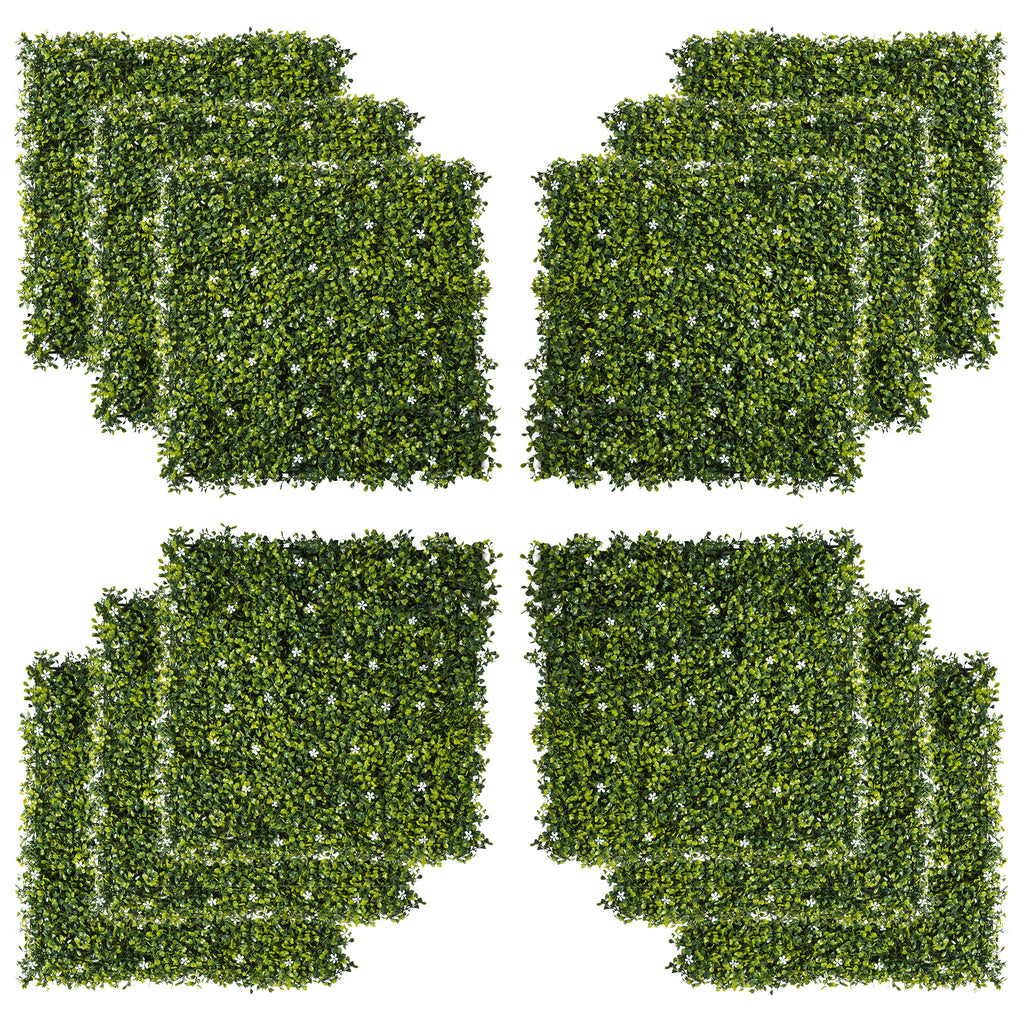 DodiOnline 12PCS Artificial Boxwood Wall Panels 50cm x 50cm Grass Privacy Fence Screen Faux Hedge Greenery Backdrop Encrypted Milan Grass with White Flowers for Home Garden Backyard Balcony