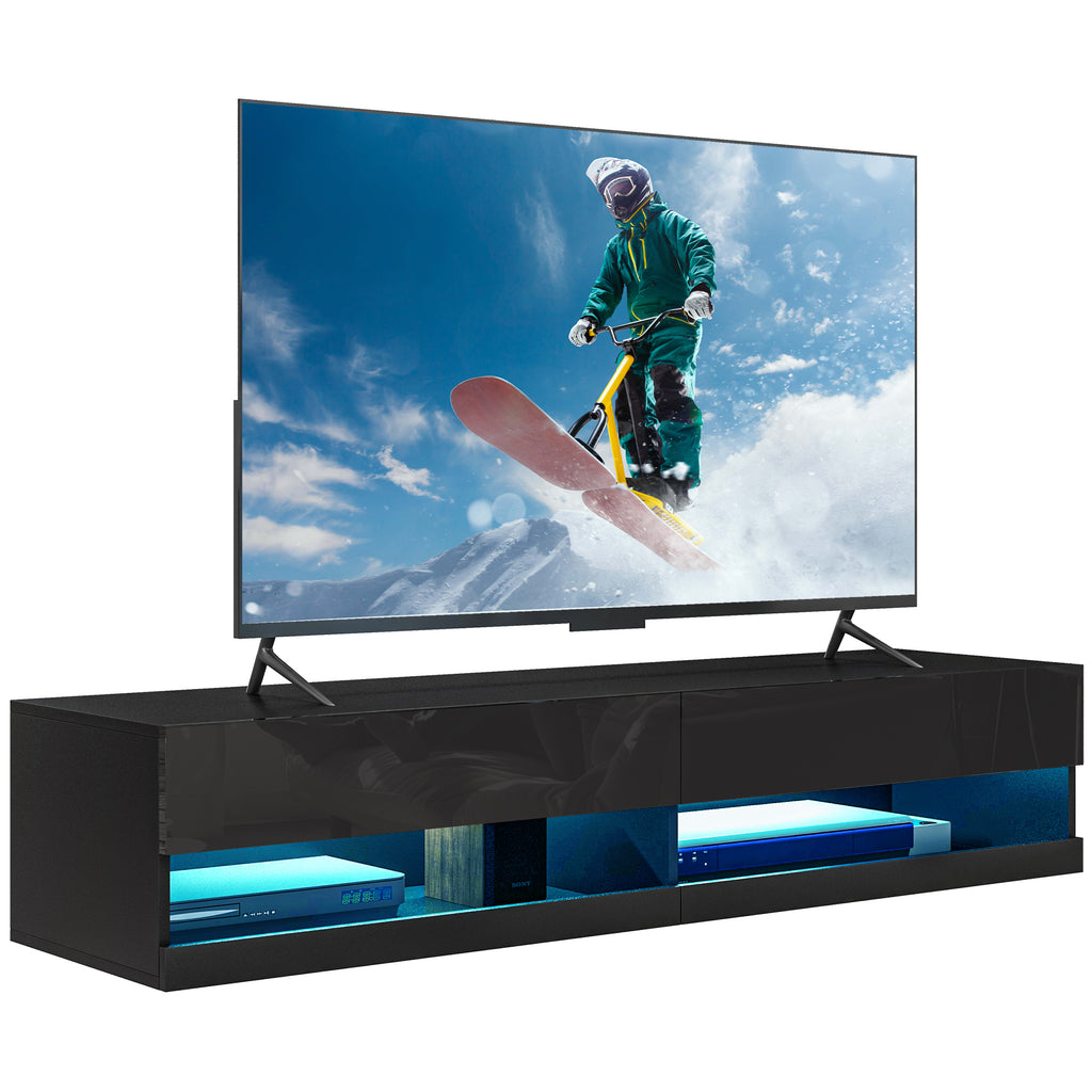 DodiOnline Floating TV Unit, Wall Mounted TV Cabinet for TVs up to 65", High Gloss Media Wall Unit with LED Lights, Storage Shelves for Living Entertainment Room, Black