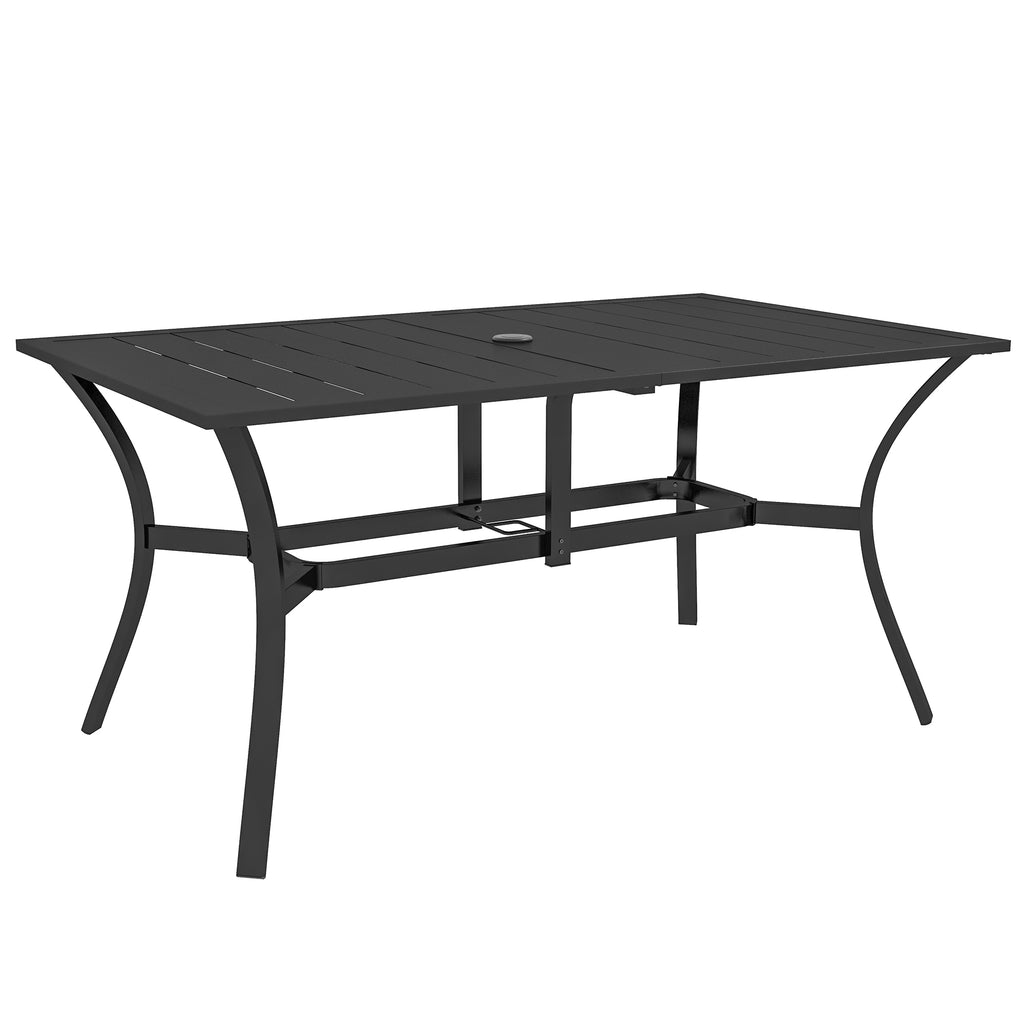 DodiOnline Rectangle Garden Dining Table with Parasol Hole, Patio Table with Steel Frame and Slat Tabletop, 150cm x 90cm, Black