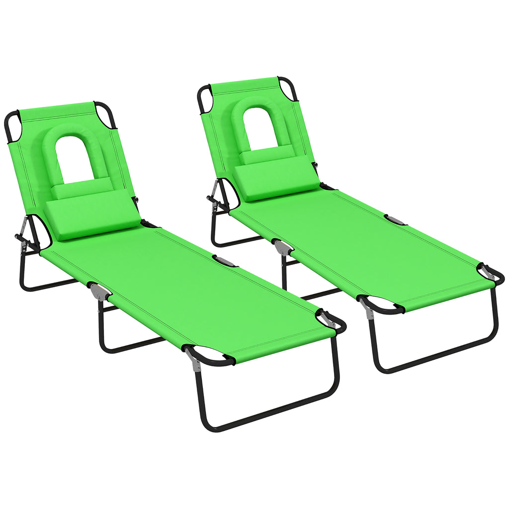 DodiOnline Outdoor Foldable Sun Lounger Set of 2, 4 Level Adjustable Backrest Reclining Sun Lounger Chair with Pillow and Reading Hole, Green