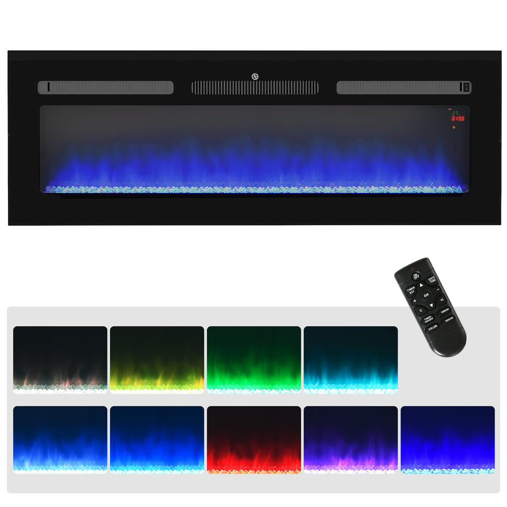 DodiOnline 127cm Electric Fireplace, 2000W Recessed and Wall Mounted Electric Fire with Remote Control, 9 Flame Colour and Crystal, Black