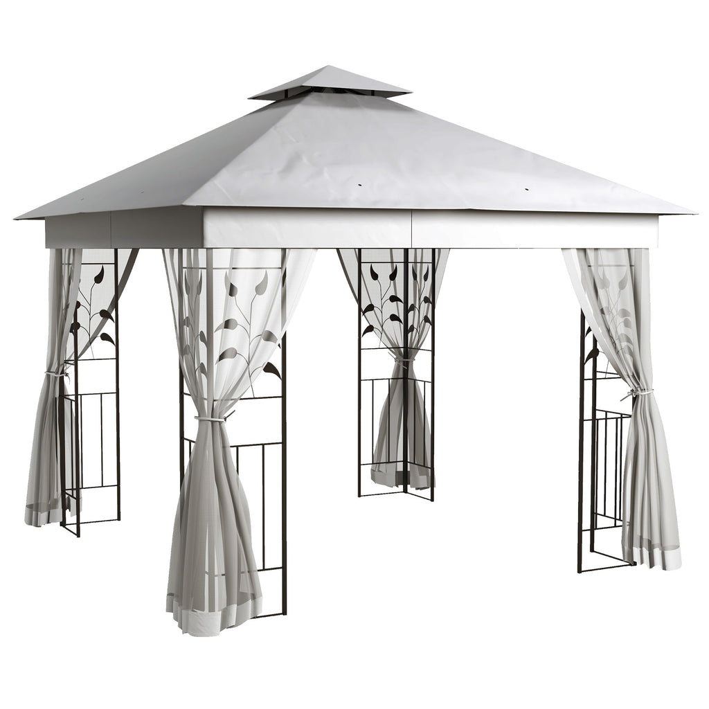DodiOnline 3(m) x 3(m)  Double Roof Outdoor Garden Gazebo Canopy Shelter with Netting, Solid Steel Frame, Light Grey