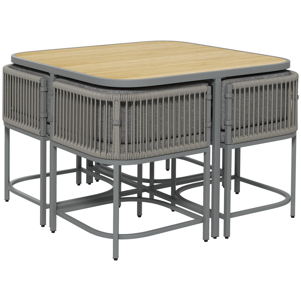 DodiOnline 4 Seater Rattan Cube Garden Furniture Set with Cushions, Square Garden Dining Set with Stone Composite Board Top Table, Outdoor Dining Table and Chairs, Grey