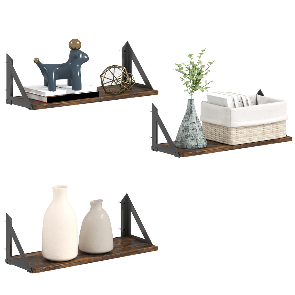 DodiOnline Set of 3 Wall Shelves, Vintage Wall Mounted Floating Shelves for Living Room, Entryway, Bedroom, Rustic Brown