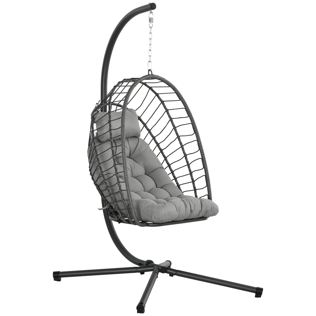 DodiOnline Outdoor PE Rattan Swing Chair with Cushion, Garden Foldable Basket Patio Hanging Egg Chair with Metal Stand, Headrest, for Indoor and Outdoor, Light Grey