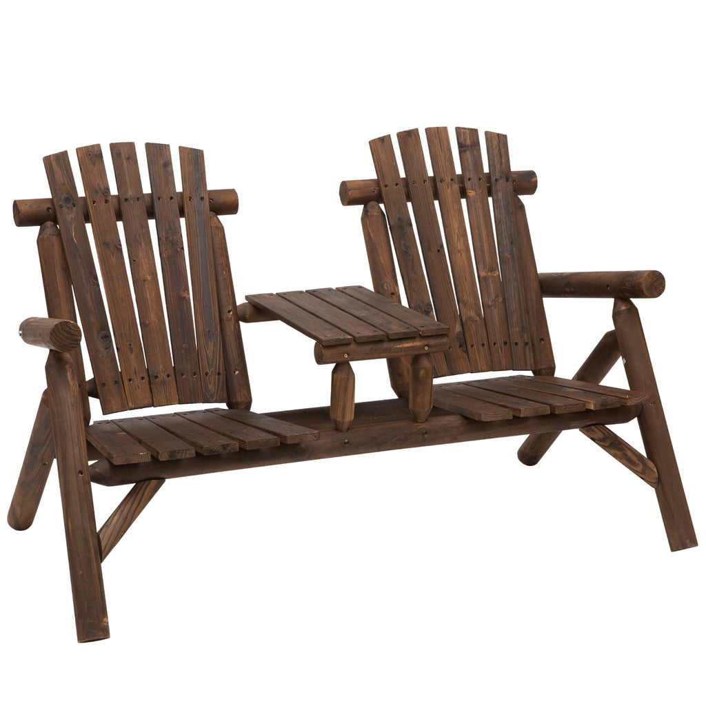 DodiOnline Wood Patio Chair Bench 2 Seats Jack and Jill Seat w/ Center Coffee Table, Garden Bench, Carbonized