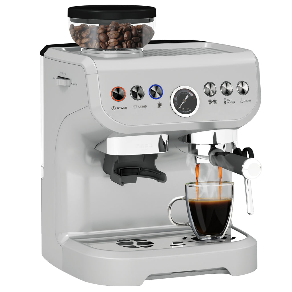 DodiOnline 15 Bar Coffee Machine, with Adjustable Grind, Steamer and Accessories - Silver Colour