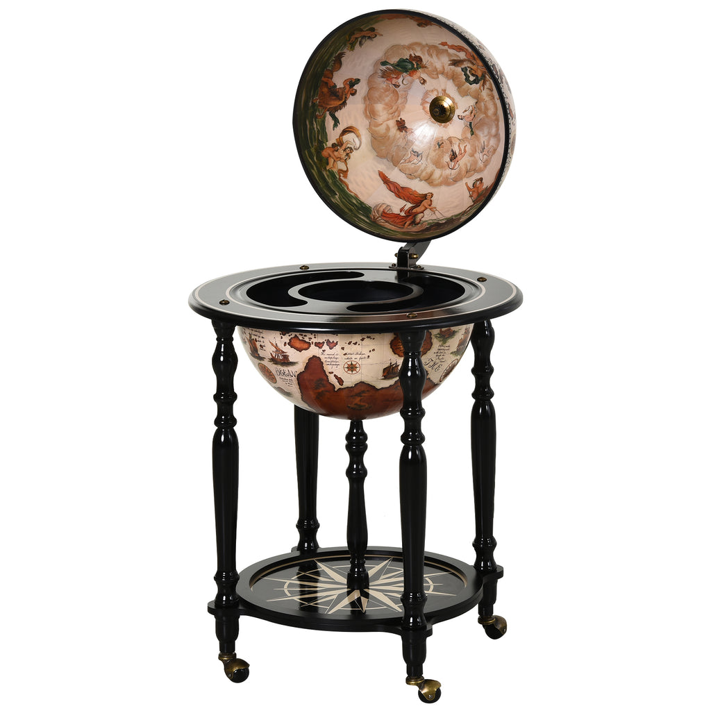 DodiOnline Unique Globe Drinks Cabinet Wood Frame 3 Compartments Bottles Glasses w/ Bottom Shelf 4 Wheels Elegant Antique Movable Safe Storage Presentation Wine Alcohol Beverage Trolley Brown Beige